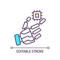 Self aware AI RGB color icon. Artificial intelligence. Futuristic robot. Microcircuit and mechanic hand. Isolated vector illustration. Simple filled line drawing. Editable stroke.