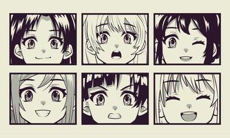 caras de anime de seis chicas vector