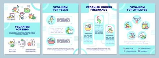 Vegan lifestyle for everyone brochure template. Plant based nutrition. Leaflet design with linear icons. 4 vector layouts for presentation, annual reports.