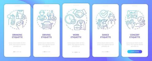 Types of etiquette blue gradient onboarding mobile app screen. Walkthrough 5 steps graphic instructions pages with linear concepts. UI, UX, GUI template. vector