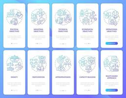 International cooperation blue gradient onboarding mobile app screen set. Walkthrough 5 steps graphic instructions pages with linear concepts. UI, UX, GUI template. vector