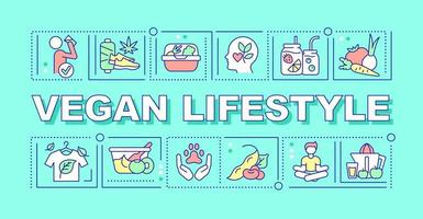 Vegan lifestyle word concepts turquoise banner. Plant based nutrition. Infographics with icons on color background. Isolated typography. Vector illustration with text.