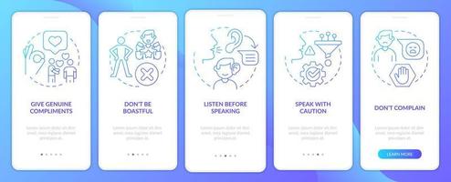 Basic etiquette rules blue gradient onboarding mobile app screen. Walkthrough 5 steps graphic instructions pages with linear concepts. UI, UX, GUI template. vector