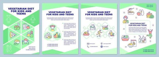 plantilla de folleto de dieta vegetariana para niños y adolescentes. diseño de folletos con iconos lineales. 4 diseños vectoriales para presentación, informes anuales. vector