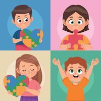 four kids autism day vector