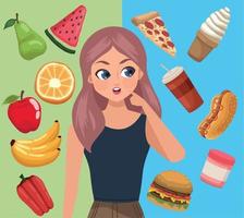 girl with healthy and unhealthy food vector