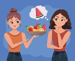 girls with fresh fruits vector