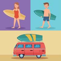 dos personajes de jóvenes surfistas vector