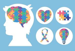 cinco iconos del día del autismo vector