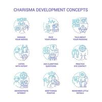 Charisma development blue gradient concept icons set. Communication tactics. Self presentation idea thin line color illustrations. Isolated symbols. vector