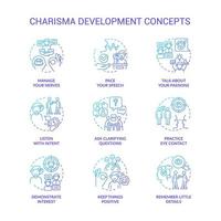 Charisma development blue gradient concept icons set. Communication tactics. Self presentation idea thin line color illustrations. Isolated symbols. vector