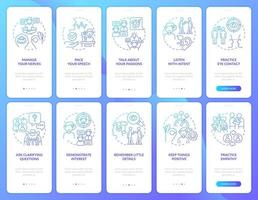 Developing charisma blue gradient onboarding mobile app screen set. Walkthrough 5 steps graphic instructions pages with linear concepts. UI, UX, GUI template. vector