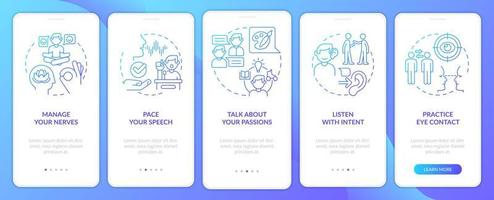 Steps to charisma blue gradient onboarding mobile app screen. Walkthrough 5 steps graphic instructions pages with linear concepts. UI, UX, GUI template. vector