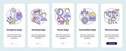 etapas de la pantalla de la aplicación móvil de incorporación de ptsd. tutorial de trastorno mental 5 pasos páginas de instrucciones gráficas con conceptos lineales. interfaz de usuario, ux, plantilla de interfaz gráfica de usuario. vector