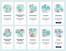 Coping with PTSD onboarding mobile app screen set. Mental health walkthrough 5 steps graphic instructions pages with linear concepts. UI, UX, GUI template. vector