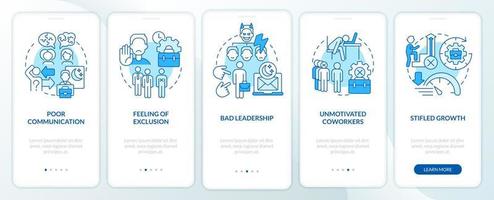 Signs of toxic workplace blue onboarding mobile app screen. Walkthrough 5 steps graphic instructions pages with linear concepts. UI, UX, GUI template. vector