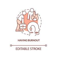 Having burnout red concept icon. Work related stress. Sign of toxic workplace abstract idea thin line illustration. Isolated outline drawing. Editable stroke. vector