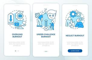 Types of burnout blue onboarding mobile app screen. Work related stress walkthrough 3 steps graphic instructions pages with linear concepts. UI, UX, GUI template. vector