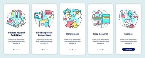 Coping with PTSD process onboarding mobile app screen. Psychotherapy walkthrough 5 steps graphic instructions pages with linear concepts. UI, UX, GUI template. vector