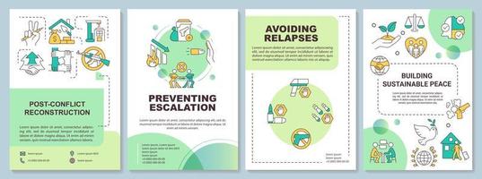 Post conflict recovery green brochure template. Preventing escalation. Leaflet design with linear icons. 4 vector layouts for presentation, annual reports.