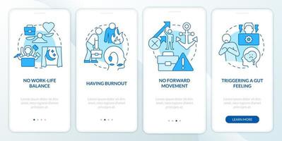 Toxic work environment signs blue onboarding mobile app screen. Walkthrough 4 steps graphic instructions pages with linear concepts. UI, UX, GUI template. vector