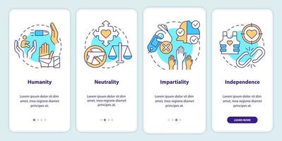 International aid principles onboarding mobile app screen. Independence walkthrough 4 steps graphic instructions pages with linear concepts. UI, UX, GUI template. vector