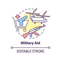 Military aid concept icon. Type of international aid abstract idea thin line illustration. Lethal weapons. Guns, aircraft. Isolated outline drawing. Editable stroke. vector