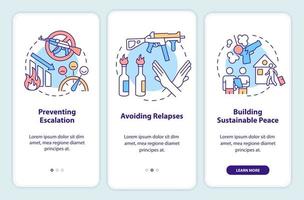 Post-conflict reconstruction onboarding mobile app screen. Avoid relapses walkthrough 3 steps graphic instructions pages with linear concepts. UI, UX, GUI template. vector