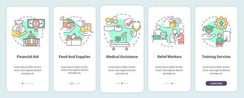 los gobiernos pueden ayudar a incorporar la pantalla de la aplicación móvil. Tutorial de alimentos y suministros Páginas de instrucciones gráficas de 5 pasos con conceptos lineales. interfaz de usuario, ux, plantilla de interfaz gráfica de usuario. vector