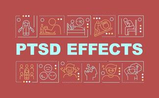 PTSD effects word concepts red banner. Painful mental condition. Infographics with icons on color background. Isolated typography. Vector illustration with text.