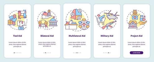 Types of international aid onboarding mobile app screen. Military aid walkthrough 5 steps graphic instructions pages with linear concepts. UI, UX, GUI template. vector