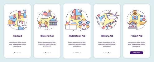 tipos de pantalla de aplicación móvil de incorporación de ayuda internacional. tutorial de ayuda militar 5 pasos páginas de instrucciones gráficas con conceptos lineales. interfaz de usuario, ux, plantilla de interfaz gráfica de usuario. vector