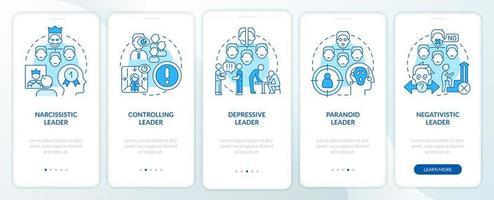 Types of toxic leaders blue onboarding mobile app screen. Walkthrough 5 steps graphic instructions pages with linear concepts. UI, UX, GUI template. vector