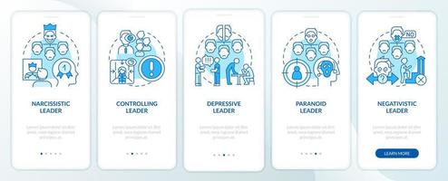 tipos de líderes tóxicos pantalla de aplicación móvil de incorporación azul. tutorial 5 pasos páginas de instrucciones gráficas con conceptos lineales. interfaz de usuario, ux, plantilla de interfaz gráfica de usuario. vector