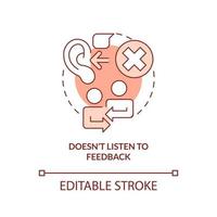 Does not listen to feedback red concept icon. Disregarding opinion. Toxic leader abstract idea thin line illustration. Isolated outline drawing. Editable stroke. vector