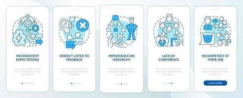 Toxic leader traits blue onboarding mobile app screen. Walkthrough 5 steps graphic instructions pages with linear concepts. UI, UX, GUI template.
