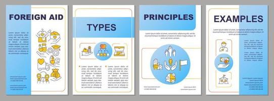 Foreign humanitarian assistance blue brochure template. Overseas aid. Leaflet design with linear icons. 4 vector layouts for presentation, annual reports.