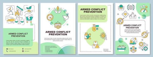 plantilla de folleto verde de prevención de conflictos militares. consolidación de la paz diseño de folletos con iconos lineales. 4 diseños vectoriales para presentación, informes anuales. vector