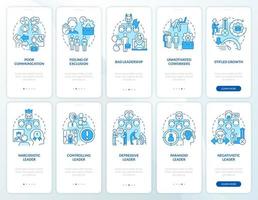 Toxic work environment blue onboarding mobile app screen set. Walkthrough 5 steps graphic instructions pages with linear concepts. UI, UX, GUI template. vector