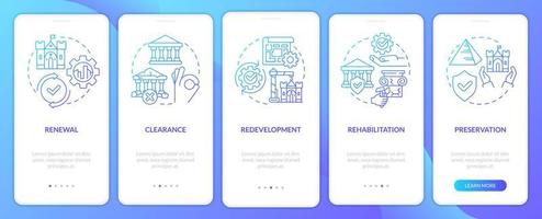 Heritage preservation types blue gradient onboarding mobile app screen. Walkthrough 5 steps graphic instructions pages with linear concepts. UI, UX, GUI template. vector