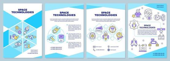 Space technologies blue brochure template. Equipment for exploration. Leaflet design with linear icons. 4 vector layouts for presentation, annual reports.