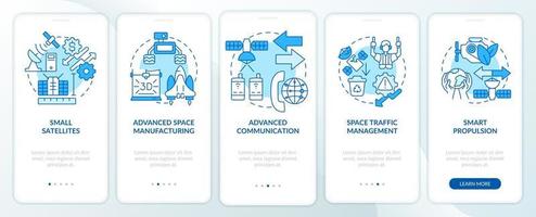 Pantalla de aplicación móvil de integración azul de tendencias spacetech. tutorial de innovaciones 5 pasos páginas de instrucciones gráficas con conceptos lineales. interfaz de usuario, ux, plantilla de interfaz gráfica de usuario. vector