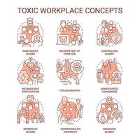 Toxic workplace red concept icons set. Toxic leader. Unhealthy work environment idea thin line color illustrations. Isolated symbols. Editable stroke. vector