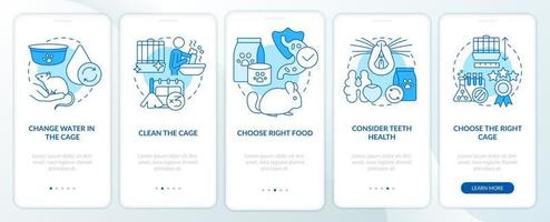 Take care of small mammal pets blue onboarding mobile app screen. Walkthrough 5 steps graphic instructions pages with linear concepts. UI, UX, GUI template vector