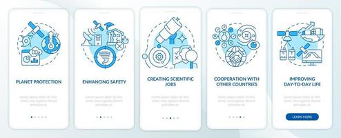Space exploration benefits blue onboarding mobile app screen. Advantages walkthrough 5 steps graphic instructions pages with linear concepts. UI, UX, GUI template. vector
