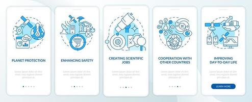 la exploración espacial beneficia la pantalla azul de la aplicación móvil de incorporación. tutorial de ventajas 5 pasos páginas de instrucciones gráficas con conceptos lineales. interfaz de usuario, ux, plantilla de interfaz gráfica de usuario. vector