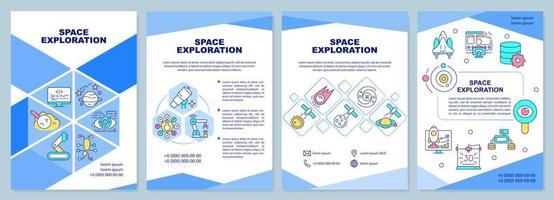 Space exploration blue brochure template. Cosmos researching. Leaflet design with linear icons. 4 vector layouts for presentation, annual reports.