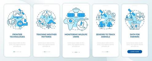 Space technology and climate change blue onboarding mobile app screen. Walkthrough 5 steps graphic instructions pages with linear concepts. UI, UX, GUI template. vector