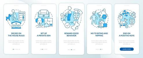 Obedience training for puppy blue onboarding mobile app screen. Walkthrough 5 steps graphic instructions pages with linear concepts. UI, UX, GUI template vector