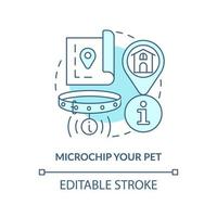 icono de concepto de turquesa de mascota de microchip. rutina de cuidado de mascotas adecuada idea abstracta ilustración de línea delgada. dispositivo de identificacion dibujo de contorno aislado. trazo editable vector